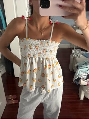 kate spade White Cami with Orange Fruit Print and Red Tie Accents